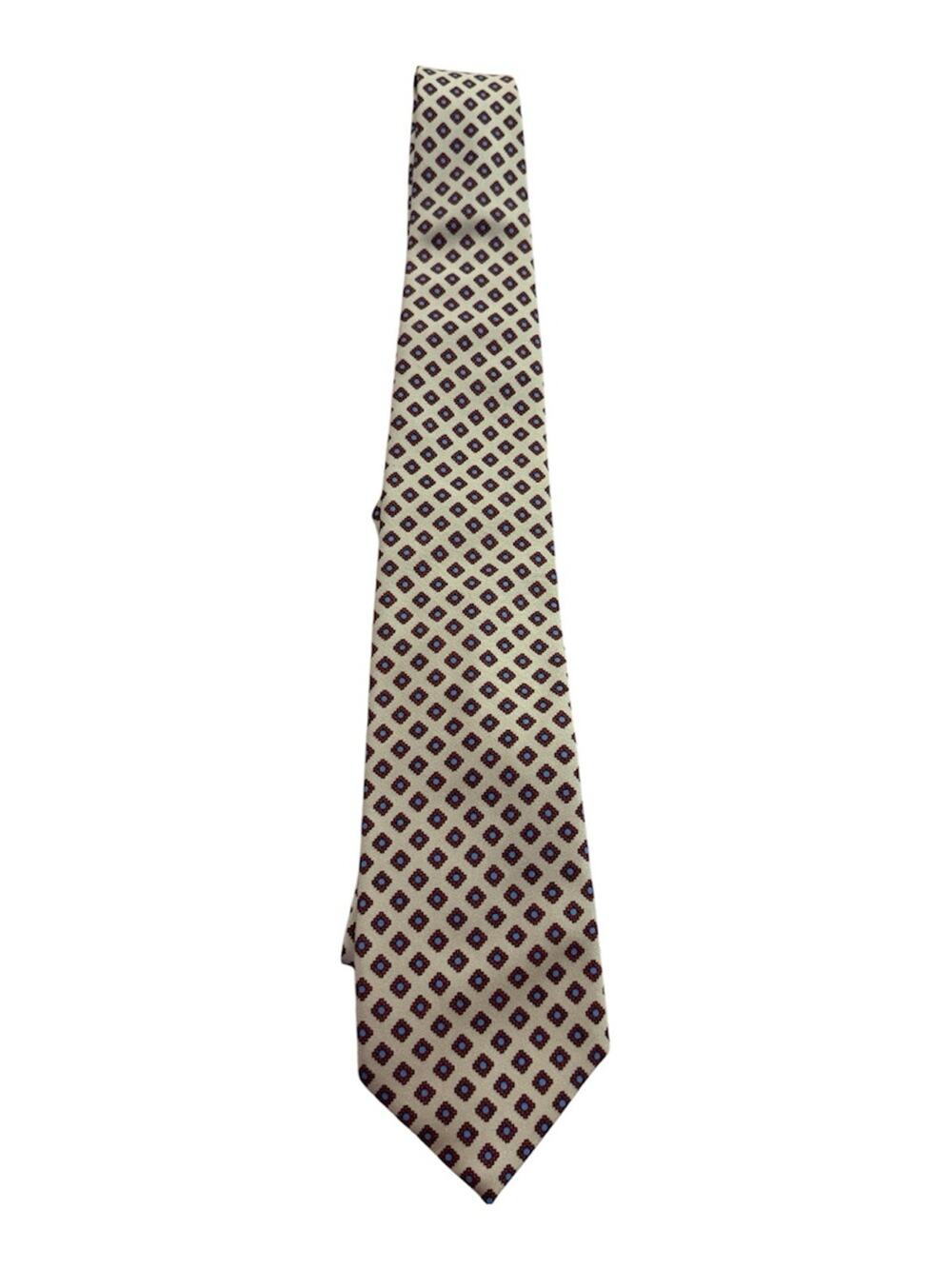 Resilio Mens Silk Necktie Tan Gold With a Blue & Red Geometric Pattern 56Lx3.25W